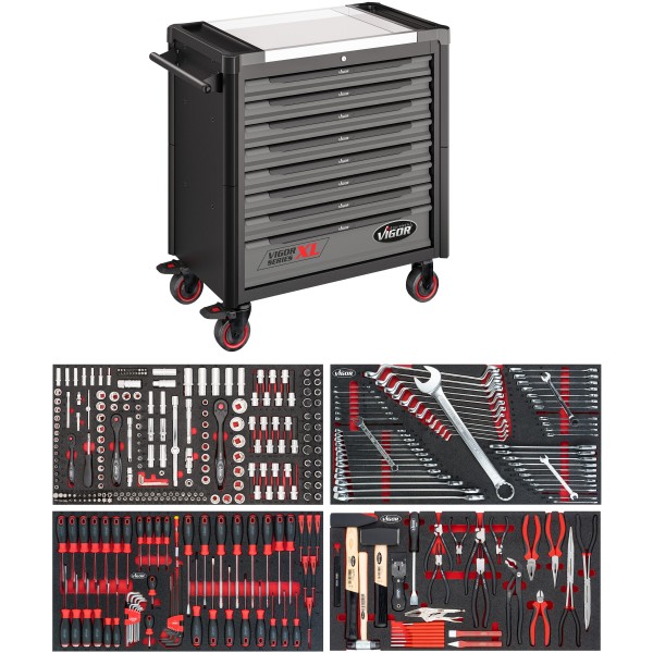 Vigor V4481-X/375 Tool trolley Series XL ∙ stainless steel worktop ∙ with assortment