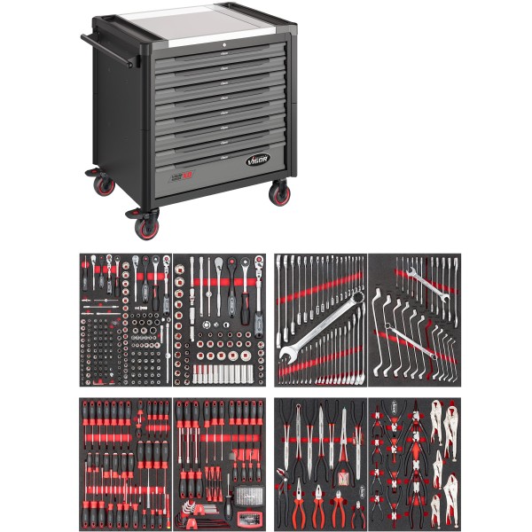 Vigor V4481-XD/469 Tool trolley Series XD ∙ extra deep ∙ stainless steel worktop ∙ with assortment