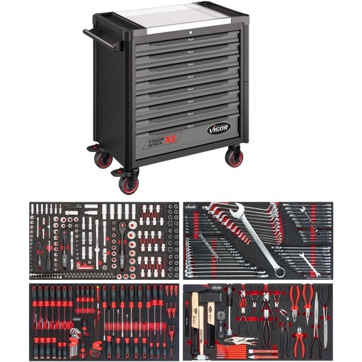[V4481-X/375] Vigor V4481-X/375 Tool trolley Series XL ∙ stainless steel worktop ∙ with assortment